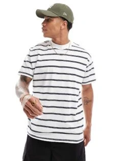Brave Soul Oversized High Neck Stripe T-shirt In White & Navy For Men