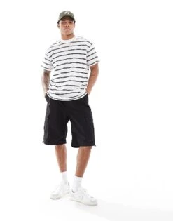 Brave Soul Oversized High Neck Stripe T-shirt In White & Navy For Men -Soul Brave Shop 205562777 4