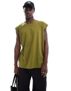 Brave Soul Oversized Raw Edge Vest In Sea Kelp Green For Men