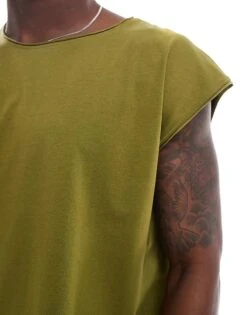 Brave Soul Oversized Raw Edge Vest In Sea Kelp Green For Men -Soul Brave Shop 205562940 4