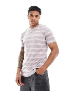 Brave Soul Horizontal Stripe T-shirt In Dusty Purple & White For Men