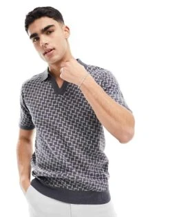 Brave Soul Textured Knit Jacquard Polo In Grey For Men