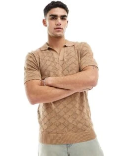 Brave Soul Textured Knit Trophy Neck Polo In Tan For Men Brown