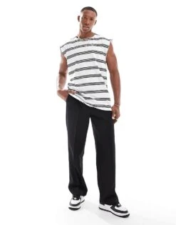 Brave Soul Raw Edge Stripe Vest In White & Black For Men