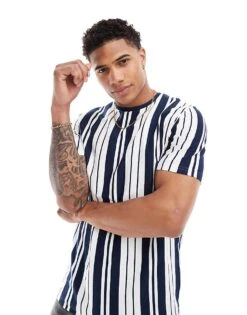 Brave Soul Verticle Stripe T-shirt In Navy & White For Men
