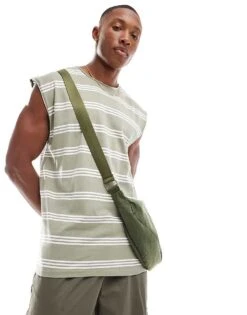 Brave Soul Raw Edge Stripe Vest In Washed Sage & White For Men Green -Soul Brave Shop 205564550 1 green 1