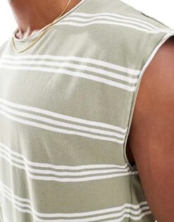 Brave Soul Raw Edge Stripe Vest In Washed Sage & White For Men Green -Soul Brave Shop 205564550 4