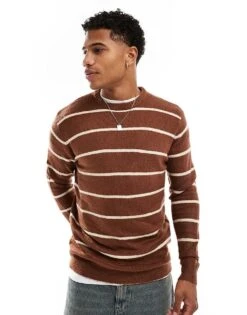 Brave Soul Super Soft Touch Relaxed Fit Stripe Jumper In Brown For Men