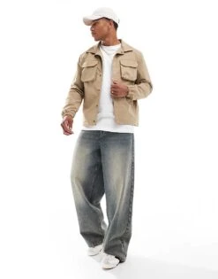 Brave Soul Lightweight Shacket In Stone For Men Neutral