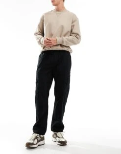 Brave Soul Loose Fit Cargo Trousers With Ankle Drawcord In Black For Men
