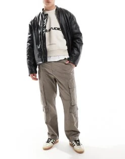 Brave Soul Loose Fit Multi Pocket Cargo Trousers In Taupe For Men Neutral