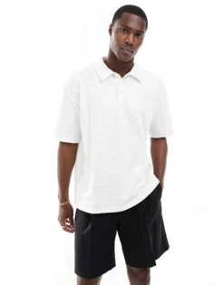 Brave Soul Boucle Textured Polo In Cream For Men
