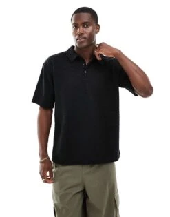 Brave Soul Boucle Textured Polo In Black For Men