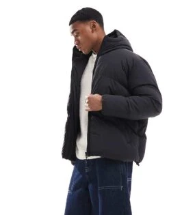 Brave Soul Oversized Hooded Chevron Quilted Puffer Jacket In Black For Men