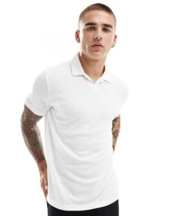 Brave Soul Towelling Polo Shirt With Revere Collar In Off White For Men