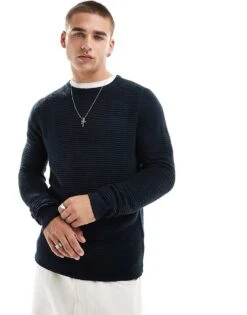 Brave Soul Knitted Crew Neck Rib Top In Navy For Men