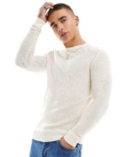 Brave Soul Knitted Crew Neck Rib Top In Ecru For Men