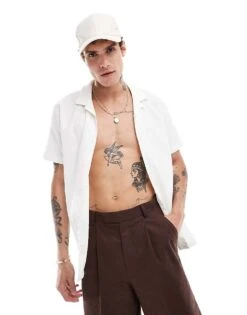 Brave Soul Revere Collar Textured Shirt In White And Ecru For Men