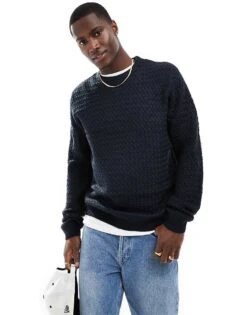 Brave Soul Crew Neck Textured Knitted Jumper In Navy For Men
