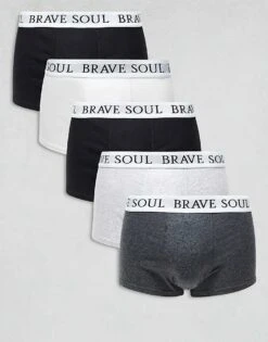 Brave Soul 5 Pack Boxers With Logo Waistband In Black, Grey, White For Men Multi