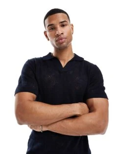 Brave Soul Knitted Trophy Neck Top In Navy Texture For Men -Soul Brave Shop 207320291 1 navy 1