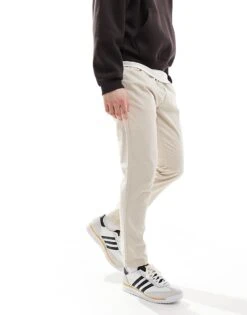 Brave Soul Twill Trousers With Elasticated Waist In Stone For Men