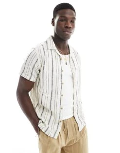 Brave Soul Short Sleeve Shirt In Ecru With Textured Stripe For Men Multi