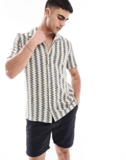Brave Soul Short Sleeve Knitted Shirt With Textured Stripe In Grey And White For Men Light Grey