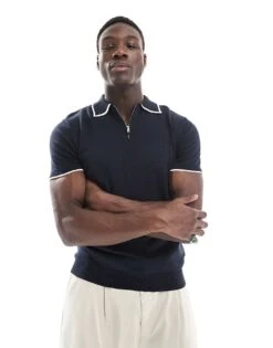 Brave Soul Knitted Polo Shirt With Contrast Tipping In Navy For Men -Soul Brave Shop 208248324 1 navy 1