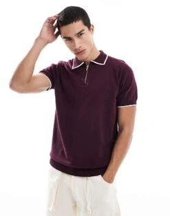 Brave Soul Knitted Polo Shirt With Contrast Tipping In Burgundy For Men