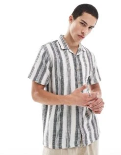 Brave Soul Short Sleeve Textured Stripe Shirt In Navy And Ecru For Men