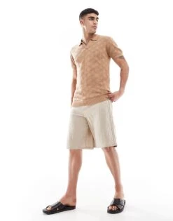 Brave Soul Knitted Polo Shirt In Tan For Men